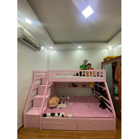 EU192 - Pink : Giường 2 Tầng, 2 Hộc Kéo + Cầu Thang Đảo Chiều, Giá Sách - Trên 1m / Dưới 1m4